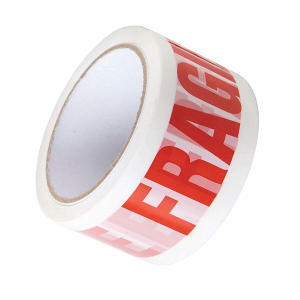 Roll of white adhesive packing tape with bold red “FRAGILE” lettering.