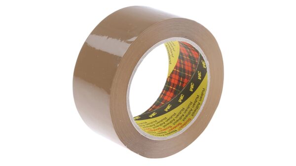 Brown roll of 3M Scotch packaging tape on a white background.