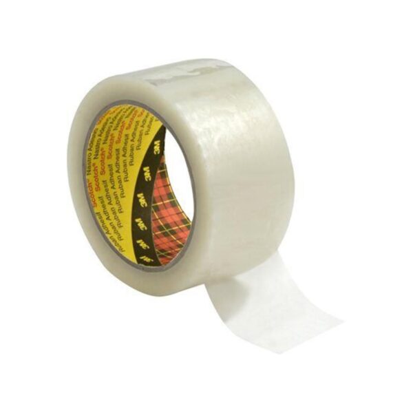 Clear roll of 3M Scotch packaging tape on a white background.