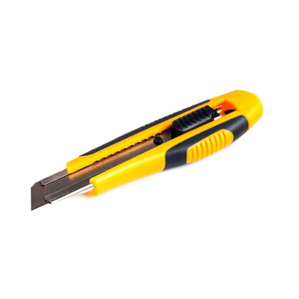 Yellow and black utility knife with retractable segmented blade on a white background.